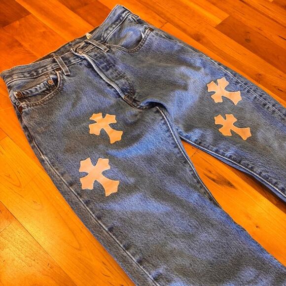 Vintage Levi's 501 " Chrome Hearts " patchwork crosses womens jeans 2000s 00s - Picture 7 of 16